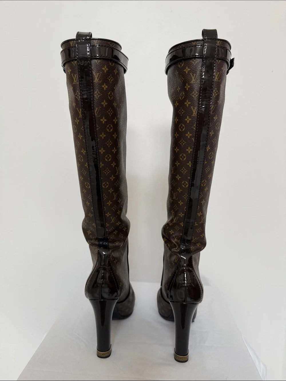 Louis Vuitton Brown Monogram Over-the-Knee Boots with Black Patent Trim